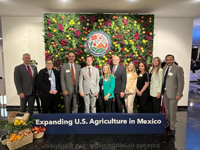 The U.S. Grains & BioProducts Council (USGBC) recently participated in a U.S. Department of Agriculture Agricultural Trade Mission (USDA ATM) in Mexico to build upon existing trade relationships with U.S. agriculture's largest export market. Pictured from left to right at U.S. Ambassador to Mexico Ronald D. Johnson's residence are USGBC Vice Chairman Jay Reiners; Growth Energy Director of Public Policy Emily Marthaler; National Sorghum Producers (NSP) CEO Tim Lust; USGBC President and CEO Ryan LeGrand; NSP Director of Market Development Shelee Padget; Ringneck Energy President and CEO Walt Wendland; USGBC Director in Mexico Heidi Bringenberg; USDA Agricultural Trade Office Director Jasmine Osinski; USGBC Deputy Director in Mexico Estefania Perez; and USGBC Ethanol Consultant Galo Galeana.