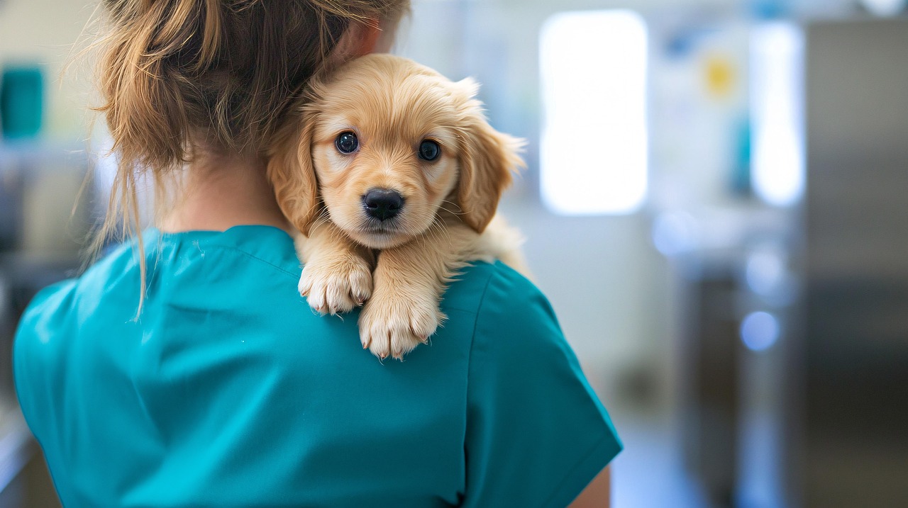 Golden retriever puppy resting on shoulder of person in teal medical scrubs