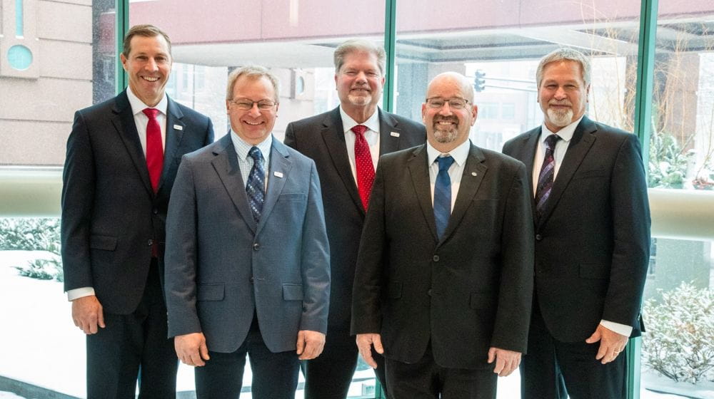 CHS members reelected five members of the CHS Board of Directors at the 2025 CHS Annual Meeting. Reelected were, from left, Jerrad Stroh, Juniata, Nebraska; Kevin Throener, Cogswell, North Dakota; Hal Clemensen, Aberdeen, South Dakota; Mark Farrell, Cross Plains, Wisconsin; and Alan Holm, Sleepy Eye, Minnesota.