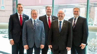 CHS members reelected five members of the CHS Board of Directors at the 2025 CHS Annual Meeting. Reelected were, from left, Jerrad Stroh, Juniata, Nebraska; Kevin Throener, Cogswell, North Dakota; Hal Clemensen, Aberdeen, South Dakota; Mark Farrell, Cross Plains, Wisconsin; and Alan Holm, Sleepy Eye, Minnesota.