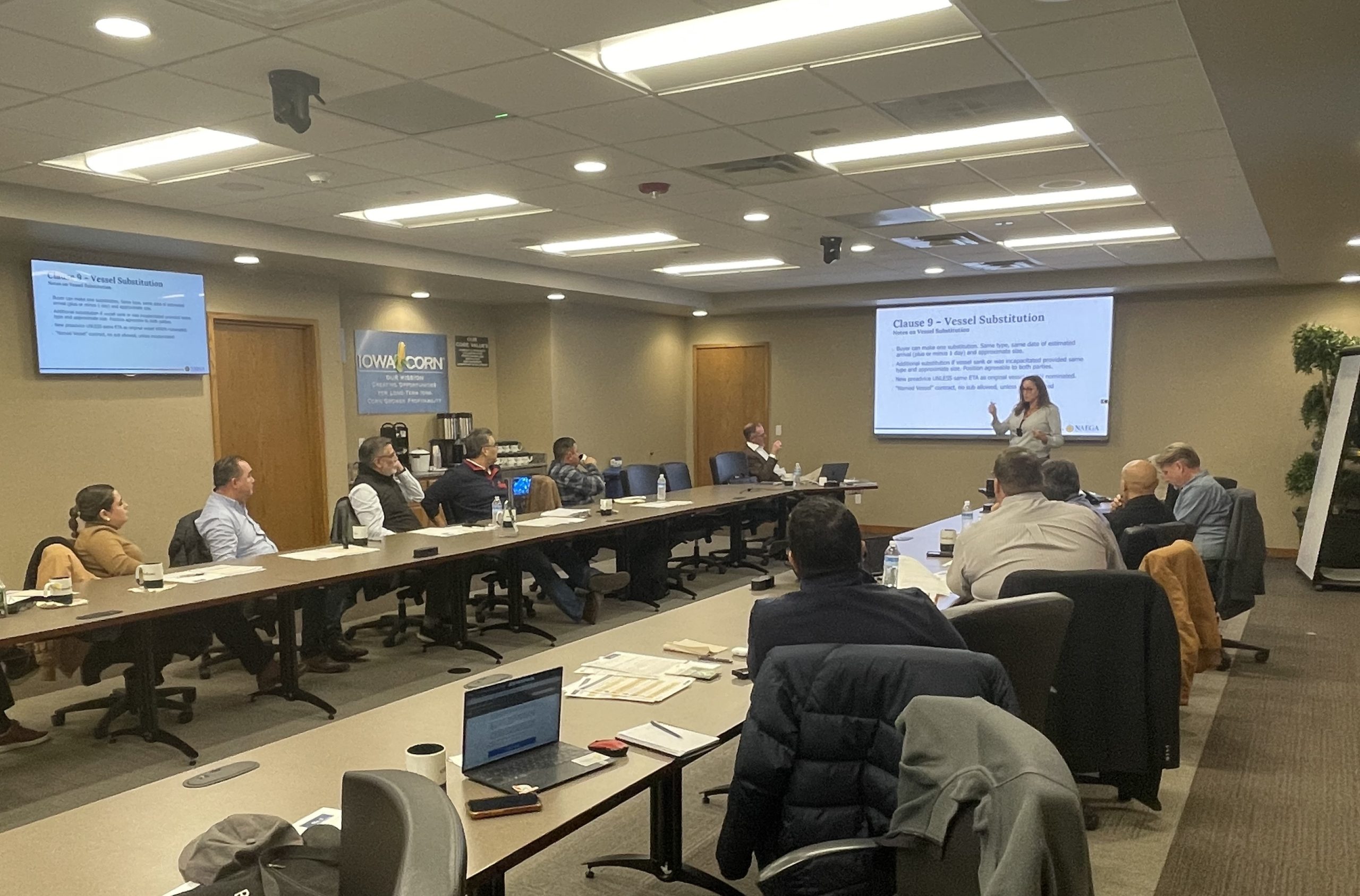 The U.S. Grains & BioProducts Council (USGBC) recently worked with a major agribusiness based in Mexico to provide training for its staff to facilitate U.S. corn purchases. Pictured, the team listens to a presentation from the North American Export Grain Association (NAEGA).