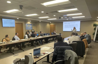 The U.S. Grains & BioProducts Council (USGBC) recently worked with a major agribusiness based in Mexico to provide training for its staff to facilitate U.S. corn purchases. Pictured, the team listens to a presentation from the North American Export Grain Association (NAEGA).
