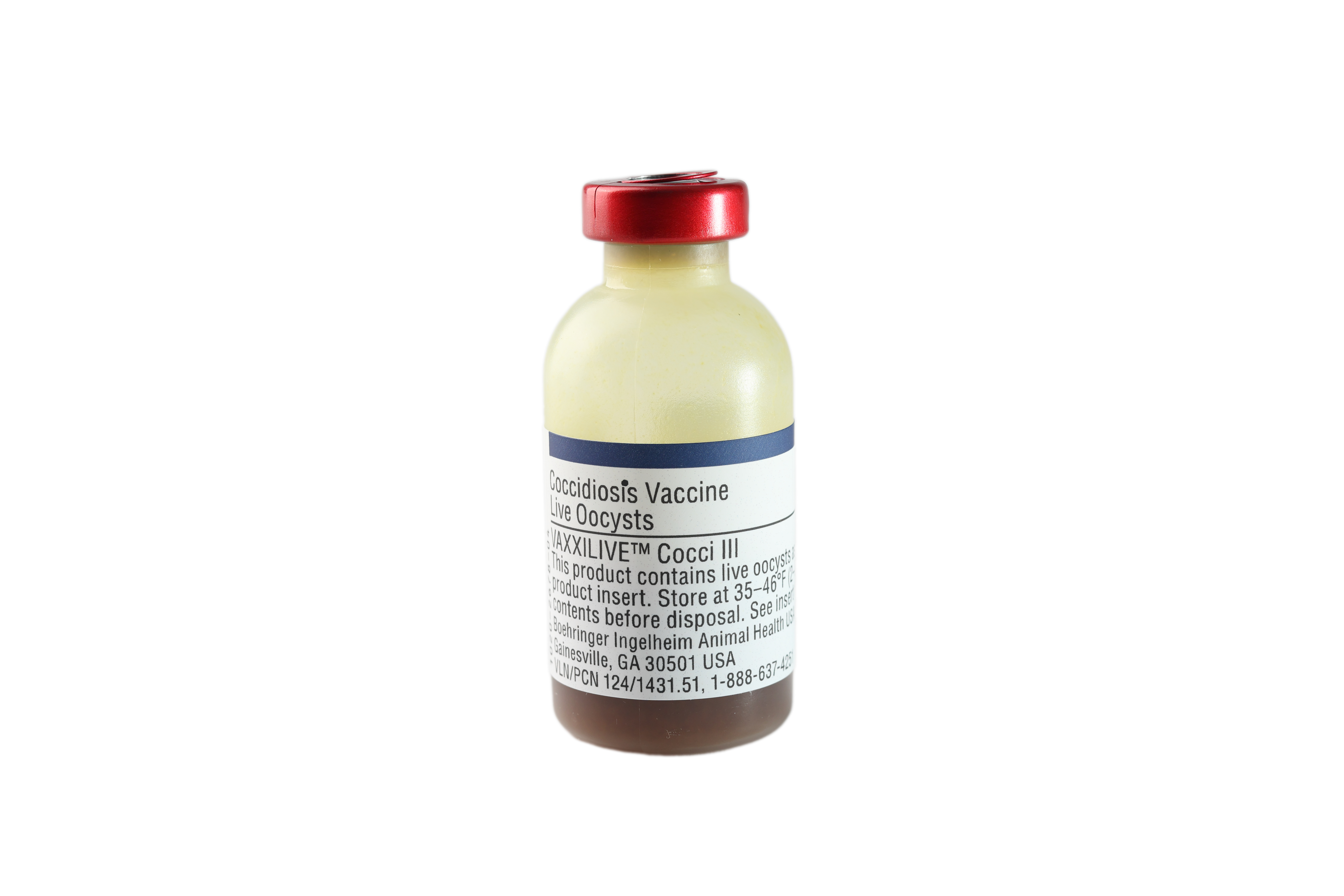 Coccidiosis vaccine vial with red cap and yellow-white label