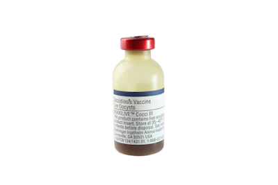 Coccidiosis vaccine vial with red cap and yellow-white label