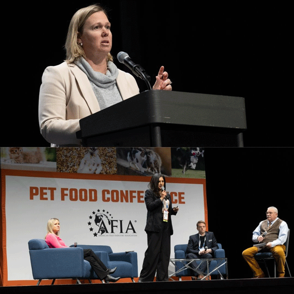 (Top) FDA&rsquo;s Jenny Murphy provided a timely update on key regulatory issues impacting the pet food sector. (Bottom) A panel explored how artificial intelligence is shaping everything from recipe design to kibble production.