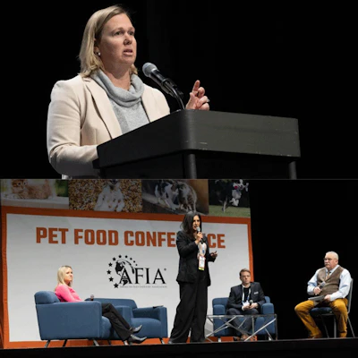 (Top) FDA’s Jenny Murphy provided a timely update on key regulatory issues impacting the pet food sector. (Bottom) A panel explored how artificial intelligence is shaping everything from recipe design to kibble production.