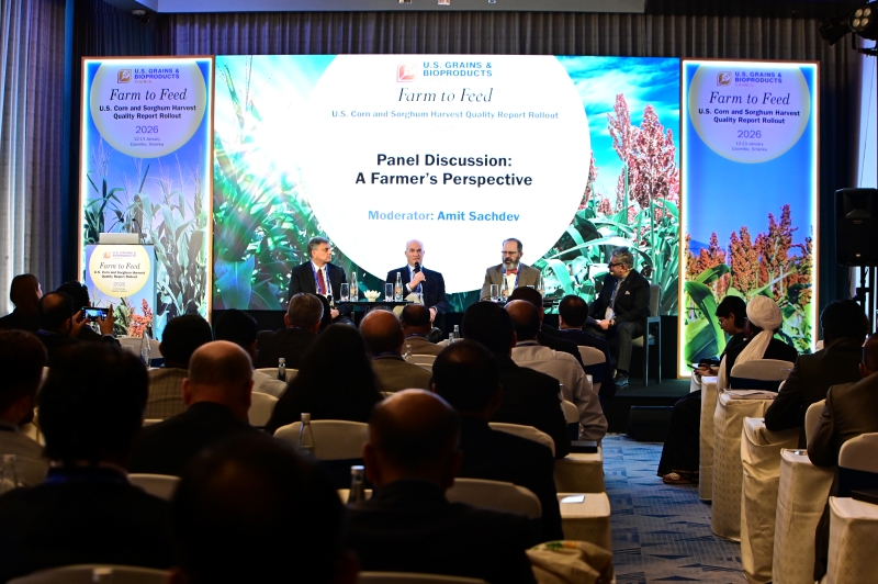 The U.S. Grains & BioProducts Council (USGBC) recently held a corn and sorghum quality rollout event for buyers and end-users in South Asia. Pictured from left to right at a panel featuring U.S. producers are Kansas Corn Commission District Two Commissioner Dennis McNinch, Iowa Corn Growers Association President Mark Mueller, Texas Grain Sorghum Producers Executive Director Wayne Cleveland and USGBC South Asia Consultant Amit Sachdev.
