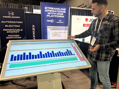 Trade show booth displaying Knobelsdorff technology platform with interactive data visualization screen