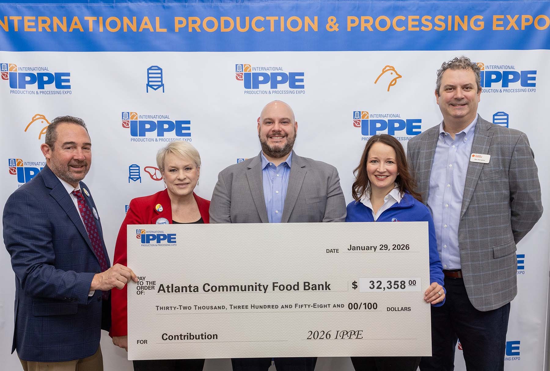 Nath Morris, president, USPOULTRY; Gwen Venable, executive vice president of expo and communication services, USPOULTRY; Eric Zito, vice president of business development, the Meat Institute; Victoria Broehm, vice president of member experience, AFIA; and Ben Burgess, corporate relations manager, Atlanta Community Food Bank, are pictured with the check.