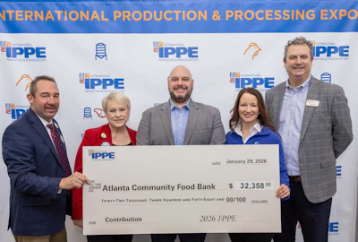 Nath Morris, president, USPOULTRY; Gwen Venable, executive vice president of expo and communication services, USPOULTRY; Eric Zito, vice president of business development, the Meat Institute; Victoria Broehm, vice president of member experience, AFIA; and Ben Burgess, corporate relations manager, Atlanta Community Food Bank, are pictured with the check.