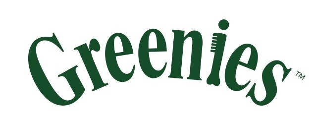 Greenies brand logo in dark green curved lettering