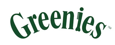 Greenies brand logo in dark green curved lettering