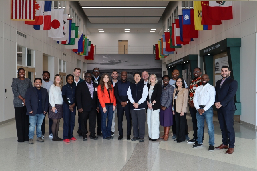 The U.S. Grains & BioProducts Council (USGBC) and North Dakota Corn recently welcomed a delegation of energy and transportation sector stakeholders to the Northern Crops Institute (NCI) for a course on ethanol production and procurement. Pictured at NCI are USGBC Ethanol Consultant in Mexico Christian Santamaria (second from left); USGBC Deputy Regional Director for Europe and the Middle East Ana Maria Ballesteros (fourth from left); USGBC Regional Ethanol Consultant for the Middle East and Africa Gbenga Apampa (eighth from left); USGBC Director in Japan Tommy Hamamoto (eighth from right); USGBC Director for Global Ethanol Export Development Alicia Koch (seventh from right); and USGBC Ethanol Consultant Rowena Torres-Ordonez (fourth from right).
