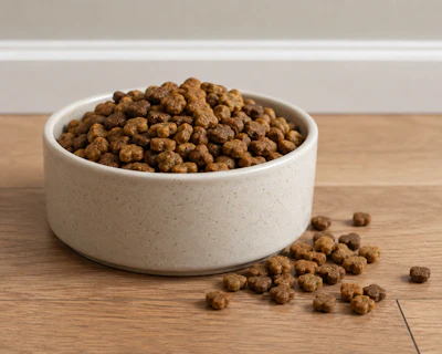 Brown kibble pet food filling a cream ceramic bowl on wooden surface with scattered pieces
