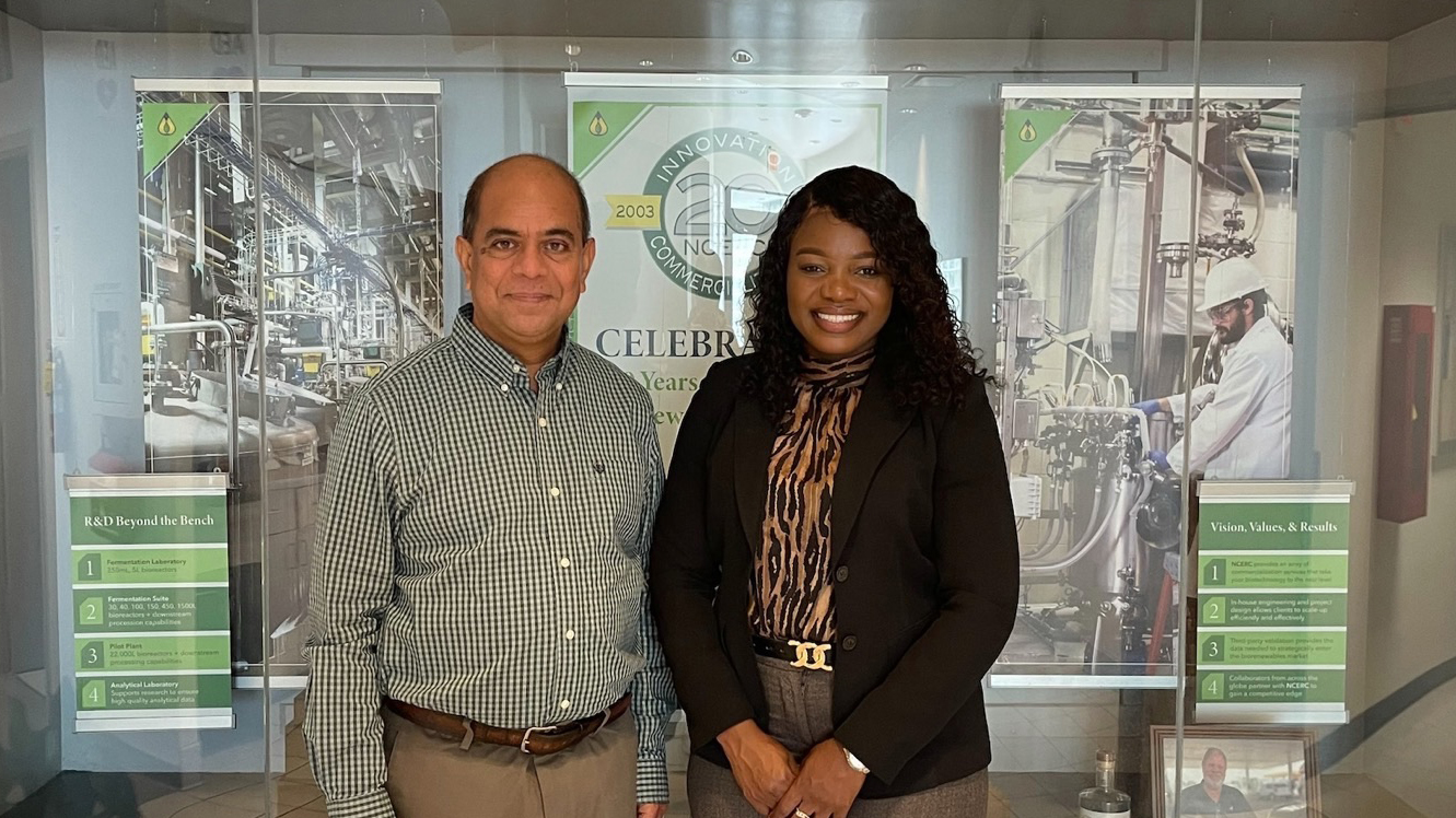 (Left) Praveen V. Vadlani, PhD, MBA, NCERC Executive Director and Schneidine Louis, MIB, CGBP, Director of the Illinois SBDC International Trade Center at SIUE