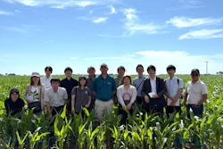 The U.S. Grains & BioProducts Council (USGBC) recently led a group of Japanese feed industry leaders and journalists to Nebraska and Iowa to showcase the sustainable production practices of U.S. corn. Pictured with the team at a farm in Nebraska are USGBC Program and Administrative Manager Michiyo Hoshizawa (front, fourth from left); USGBC Director in Japan Tommy Hamamoto (rear, third from left); and USGBC Director of Global Sustainability Carlos F. Suárez (rightmost).