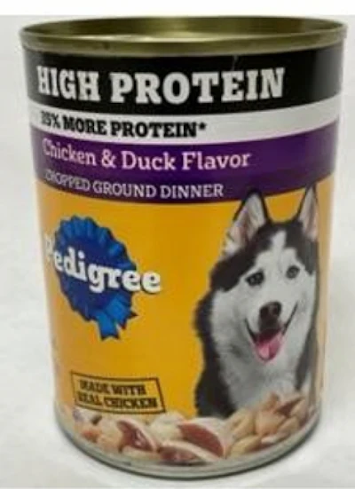 Pedigree High Protein dog food can with chicken and duck flavor, featuring a husky dog and blue ribbon logo