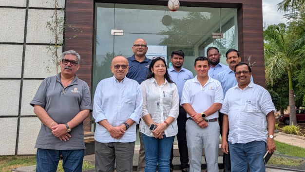 The U.S. Grains & BioProducts Council (USGBC) held meetings with Indian aquaculture industry stakeholders to share the nutritional and environmental benefits of U.S. distiller's dried grains with solubles (DDGS). Pictured during a meeting with BMR Group are USGBC Regional Consultant Amit Sachdev (leftmost), USGBC Deputy Regional Director for South Asia Arup Mitra (third from left), USGBC Program Manager Monika Madan (fourth from left) and USGBC Director of Global Sustainability Carlos F. Su&aacute;rez (fourth from right).