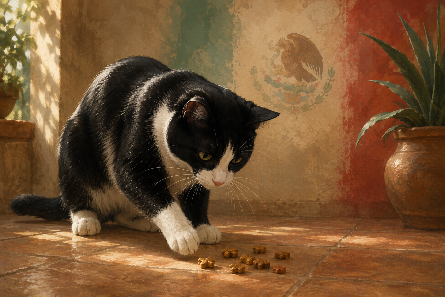 Black and white cat examining scattered food on terracotta floor beside potted plant and weathered wall