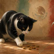 Black and white cat examining scattered food on terracotta floor beside potted plant and weathered wall