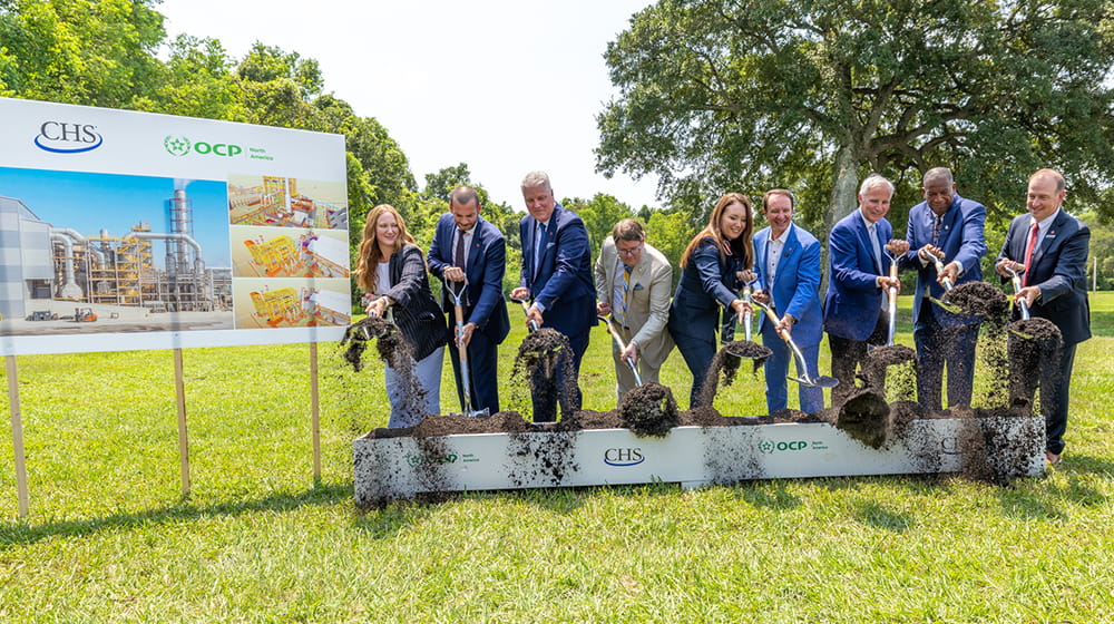 CHS, OCP and government officials celebrate today's announcement of a proposed joint venture in Waggaman, Louisiana, to strengthen domestic fertilizer production in the United States. From left, Emily Domenech, executive director, Federal Permitting Improvement Steering Council; Faris Derrij, chair and CEO, OCP Nutricrops; Kevin Kimm, CEO, OCP North America; U.S. Deputy Secretary of Agriculture Stephen Vaden; U.S. Secretary of Agriculture Brooke Rollins; Louisiana Governor Jeff Landry; Jay Debertin, president and CEO, CHS ; Byron Lee, Jefferson Parish Council, District 3; and Matt Sokol, president and CEO, Cornerstone Chemical Company.