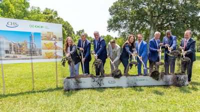 CHS, OCP and government officials celebrate today's announcement of a proposed joint venture in Waggaman, Louisiana, to strengthen domestic fertilizer production in the United States. From left, Emily Domenech, executive director, Federal Permitting Improvement Steering Council; Faris Derrij, chair and CEO, OCP Nutricrops; Kevin Kimm, CEO, OCP North America; U.S. Deputy Secretary of Agriculture Stephen Vaden; U.S. Secretary of Agriculture Brooke Rollins; Louisiana Governor Jeff Landry; Jay Debertin, president and CEO, CHS ; Byron Lee, Jefferson Parish Council, District 3; and Matt Sokol, president and CEO, Cornerstone Chemical Company.