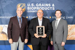 Kansas Corn CEO Emeritus Greg Krissek (center) was honored for his 15 years of service to the U.S. Grains & BioProducts Council (USGBC) last month. Pictured with Krissek are USGBC Past Chairman Mark Wilson (left) and USGBC President and CEO Ryan LeGrand (right).