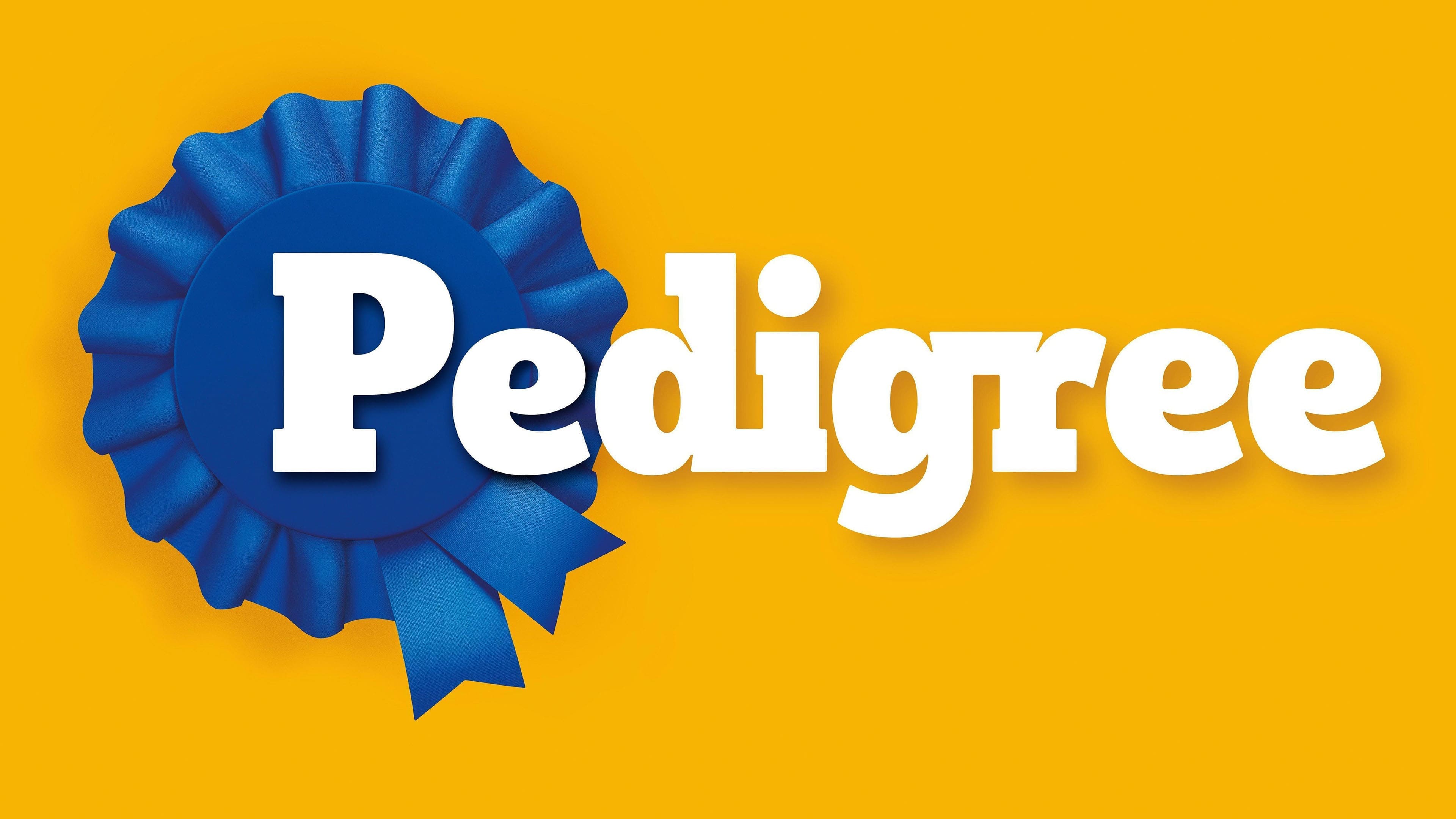 Pedigree logo featuring blue rosette ribbon badge with white text on yellow background