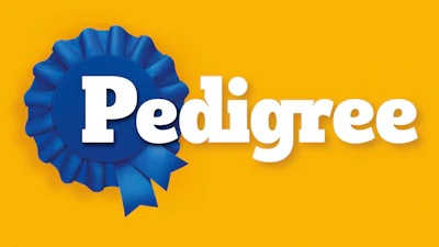 Pedigree logo featuring blue rosette ribbon badge with white text on yellow background