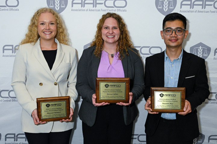 The 2026 AAFCO Student Poster contest winners from left to right: Hannah Shinnerl (second place), Sierra Collier (first place), Vannith Hay (third place)