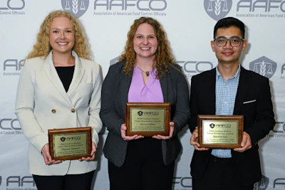 The 2026 AAFCO Student Poster contest winners from left to right: Hannah Shinnerl (second place), Sierra Collier (first place), Vannith Hay (third place)