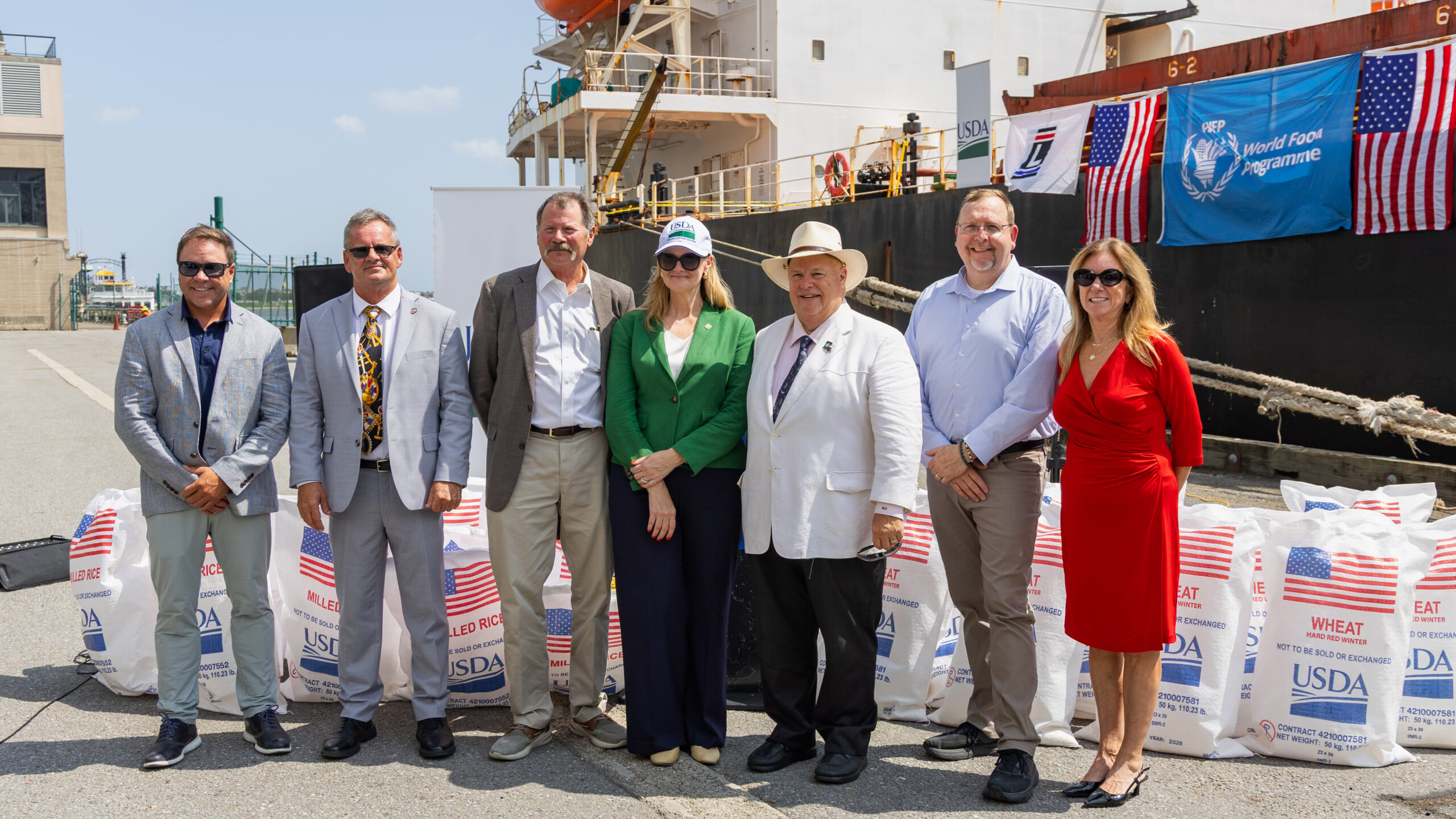 L to R: William Campbell, Liberty Maritime; Captain Willie Barrere, American Maritime Officers; John Owen, USA Rice; Michelle Bekkering, USDA Deputy Under Secretary for Trade and Foreign Agricultural Affairs; Dr. Mike Strain, Louisiana Department of Agriculture; Matthew Nims, World Food Programme; Beth Brach, Port of New Orleans.