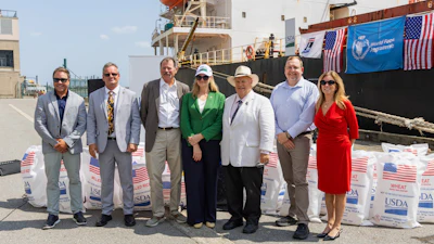 L to R: William Campbell, Liberty Maritime; Captain Willie Barrere, American Maritime Officers; John Owen, USA Rice; Michelle Bekkering, USDA Deputy Under Secretary for Trade and Foreign Agricultural Affairs; Dr. Mike Strain, Louisiana Department of Agriculture; Matthew Nims, World Food Programme; Beth Brach, Port of New Orleans.