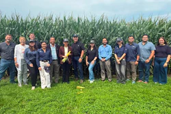 The U.S. Grains & BioProducts Council (USGBC) escorted a group of Panamanian maritime shipping stakeholders to Illinois and Texas for an overview of U.S. ethanol production and capability in sustainable marine fuel (SMF). Pictured at USGBC Past Chairman Mark Wilson’s farm in Toulon, IL are Illinois Corn Director of Exports & Logistics Collin Waters (leftmost), Wilson (seventh from right), USGBC Latin America Regional Ethanol Consultant Marcelo Velazquez (fifth from right) and USGBC Manager of Global Ethanol Programs Emma Freebairn (rightmost).