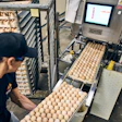 Worker managing egg trays at automated Zoetis incubation facility with digital monitoring system