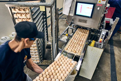 Worker managing egg trays at automated Zoetis incubation facility with digital monitoring system