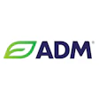 ADM logo featuring a green leaf symbol and navy blue text