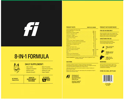 fi 8-in-1 dog supplement formula product label with ingredients, directions, and warnings on yellow and black packaging