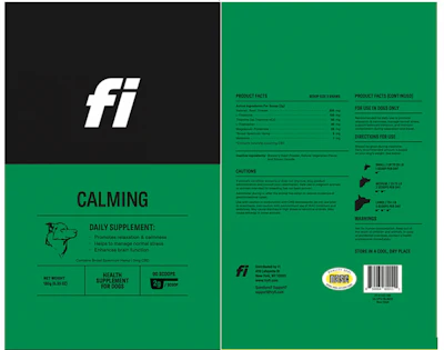 Fi Calming dog supplement package with green and black design, product facts, and usage instructions