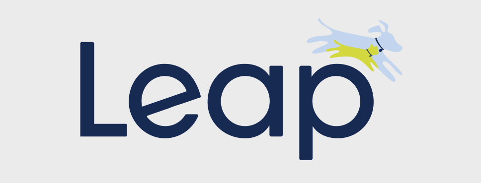 Leap logo featuring navy text with a stylized blue and yellow bird icon