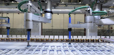 Industrial robotic assembly line with automated arms and conveyor system processing sheet materials