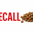 Pet food recall notice with brown kibble pile and red warning text