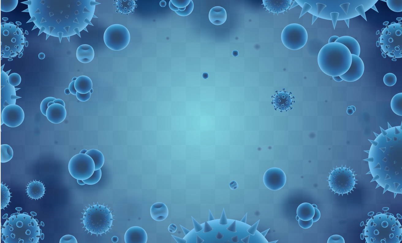 Blue microscopic visualization of viruses and cells floating in scientific background