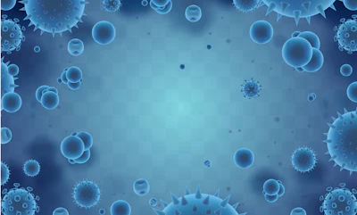 Blue microscopic visualization of viruses and cells floating in scientific background