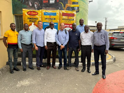 Earlier this month, U.S. Grains & BioProducts Council (USGBC) staff and consultants visited feed industry stakeholders in Nigeria to share best practices for feed production using U.S. corn, sorghum and their co-products. Pictured are USGBC Deputy Regional Director for Africa Mohamed Salah Bouthour (third from left), USGBC Regional Nutrition Consultant Alaa Badr (middle) and USGBC Nigeria Consultant Sofela Sofolabi (fourth from right).