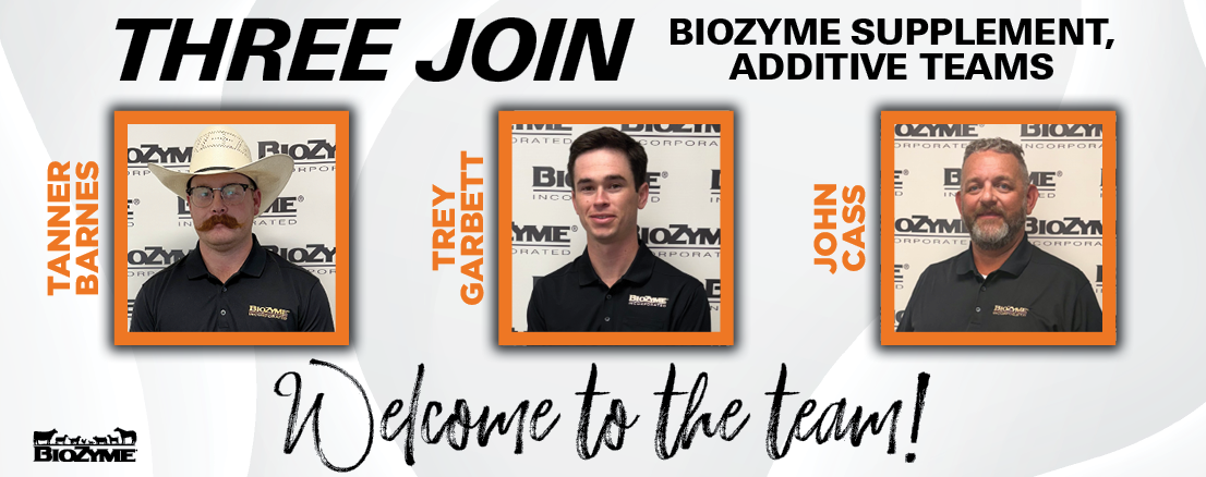 Three new team members join Biozyme supplement additive teams announcement with portraits and welcome message