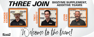 Three new team members join Biozyme supplement additive teams announcement with portraits and welcome message