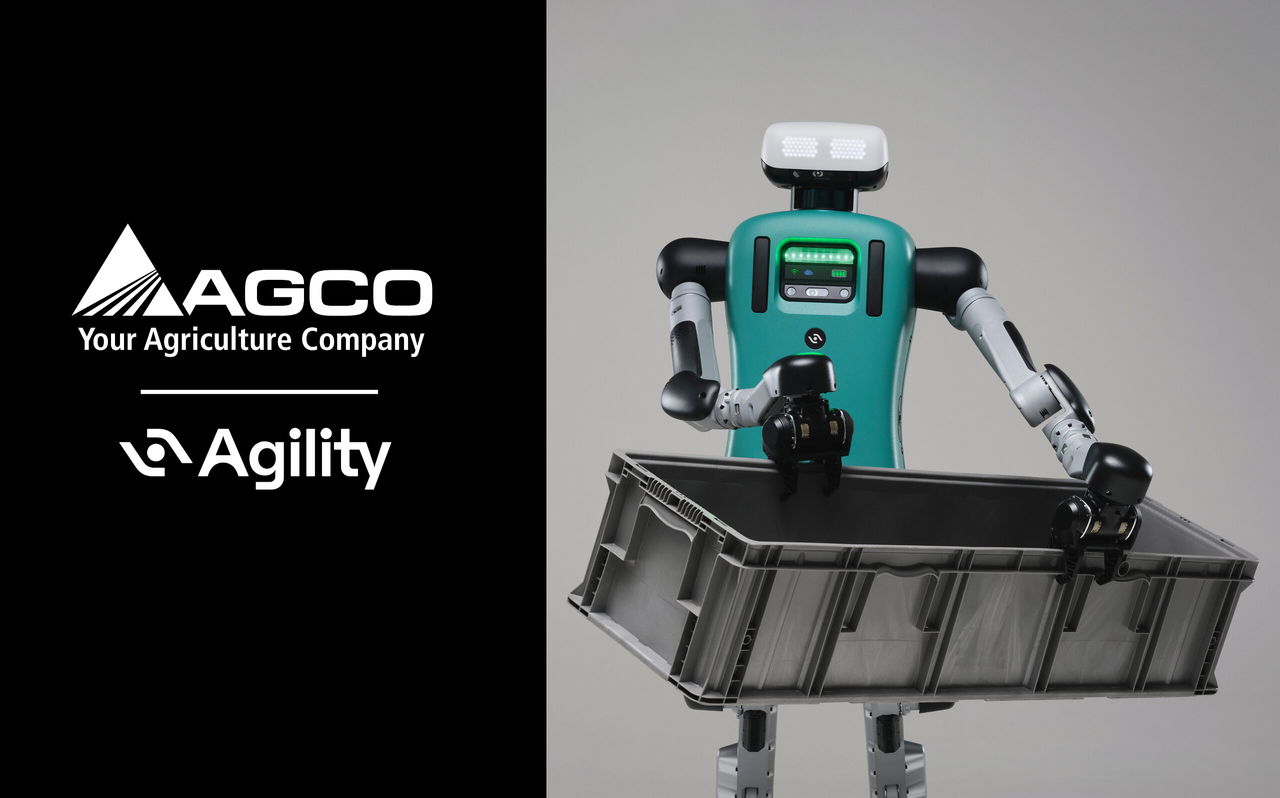 AGCO and Agility robotic agricultural robot with turquoise body holding black collection bin against gray background