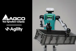 AGCO and Agility robotic agricultural robot with turquoise body holding black collection bin against gray background