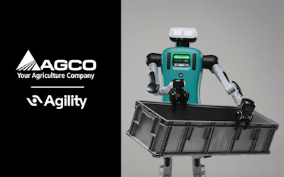 AGCO and Agility robotic agricultural robot with turquoise body holding black collection bin against gray background